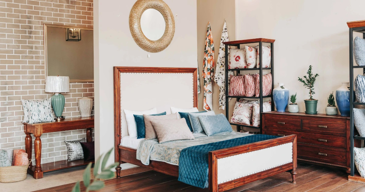 Bedroom featuring handcrafted wood bed and dresser made by wood furniture makers near me