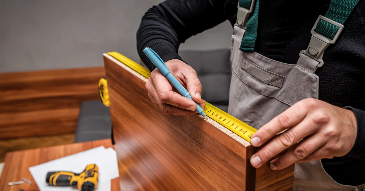 Craftsman measuring a wooden panel for a custom piece by skilled wood furniture makers near me