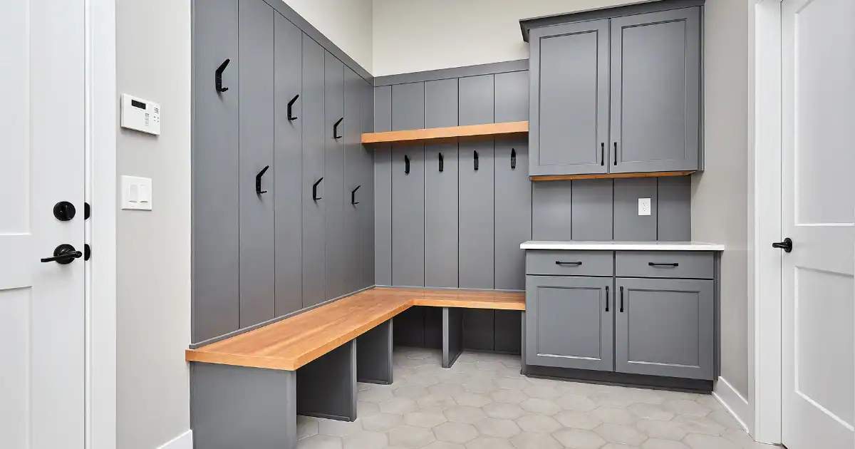 Built in bench and cabinets with mudroom shelving for organized entryway storage