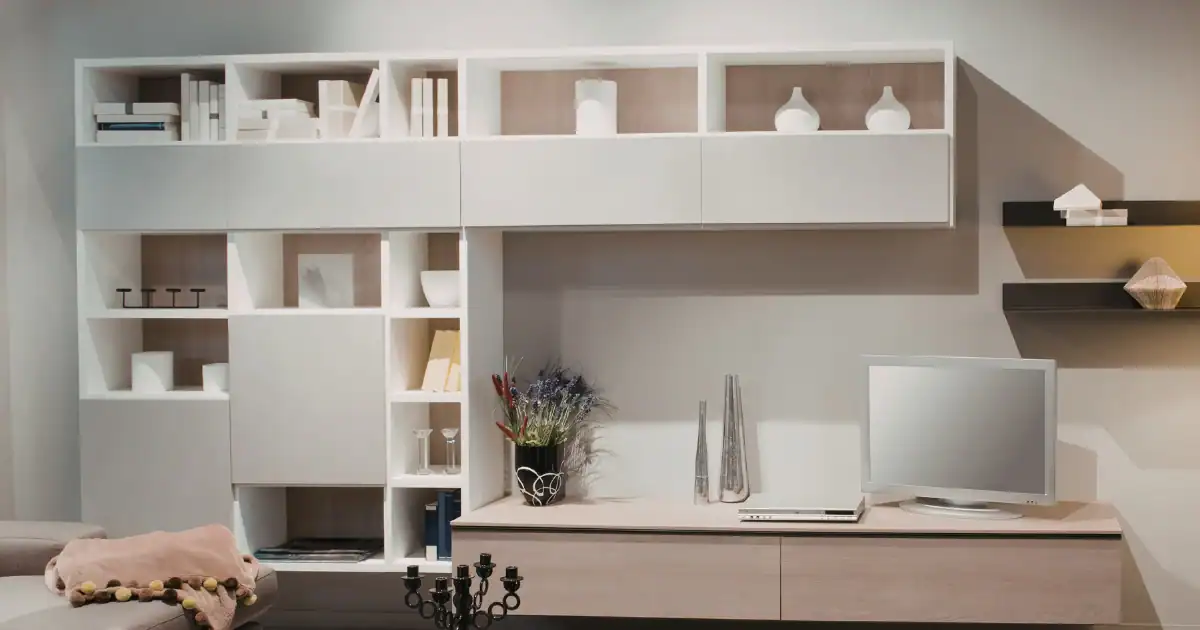 Modern living room storage with sleek wall mounted shelving and decorative display