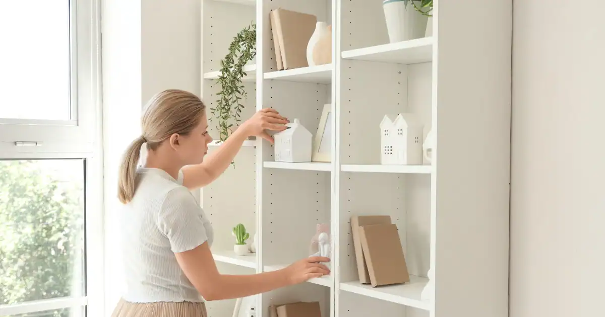 Woman arranging decor on white wall mounted shelving in a bright home interior