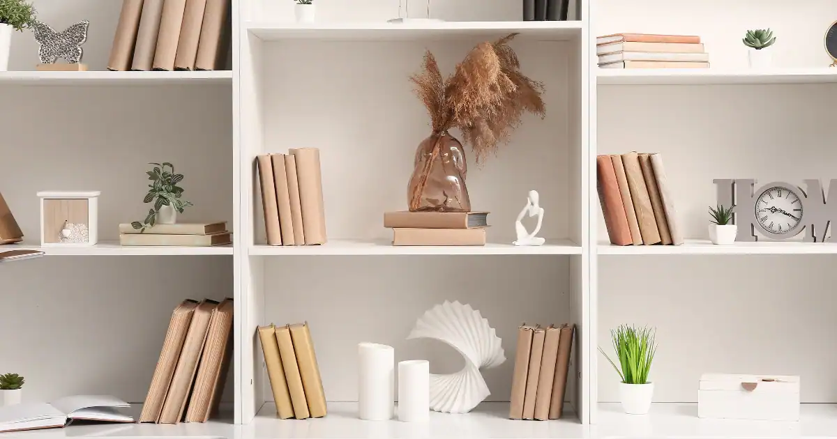 Minimalist white home office shelving styled with books decor pieces and plants for a clean and organized look